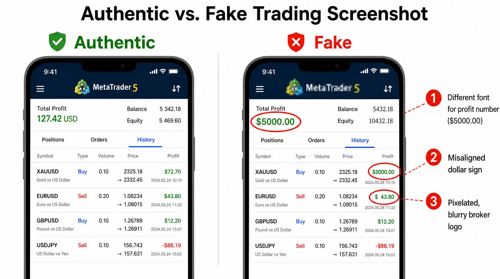 A diagram comparing an authentic trading screenshot with a fake one, highlighting flaws like mismatched fonts, pixelated logos, and unrealistic round numbers in the fake version.