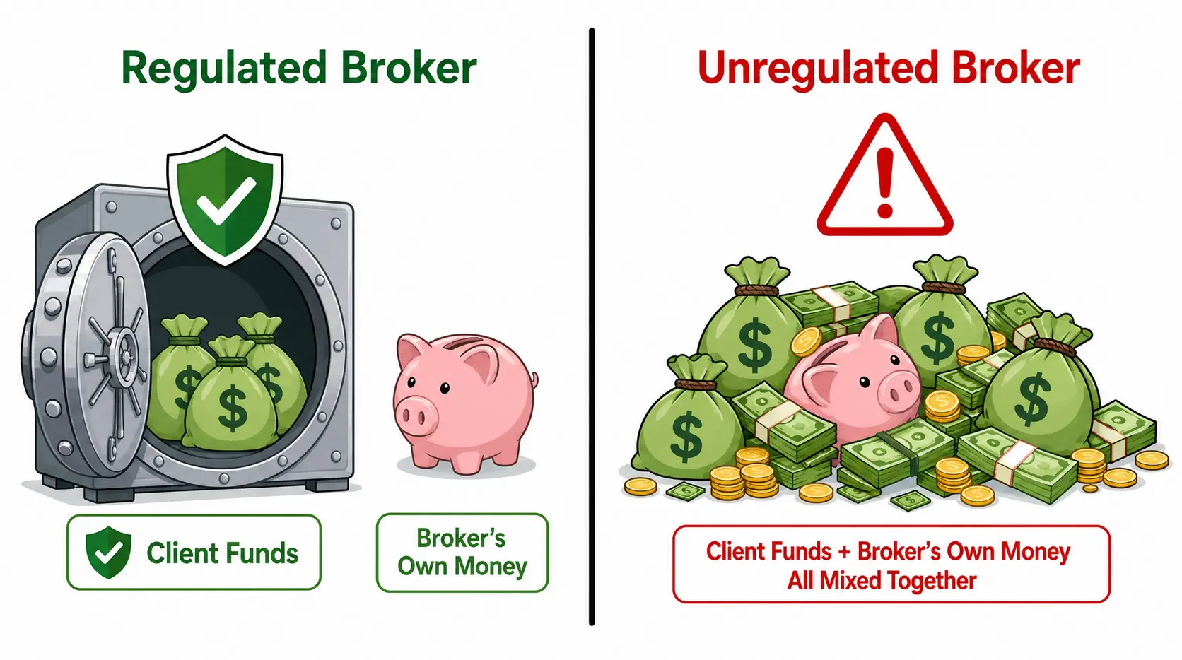 Diagram comparing a regulated broker with segregated client funds to an unregulated broker with co-mingled funds.