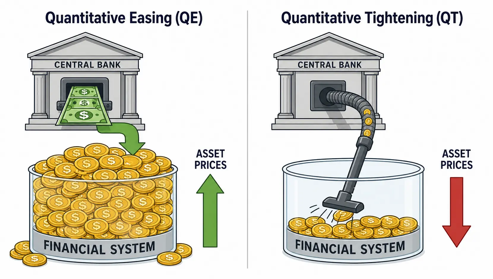Diagram comparing Quantitative Easing (QE) where money is injected into the system, versus Quantitative Tightening (QT) where money is removed.