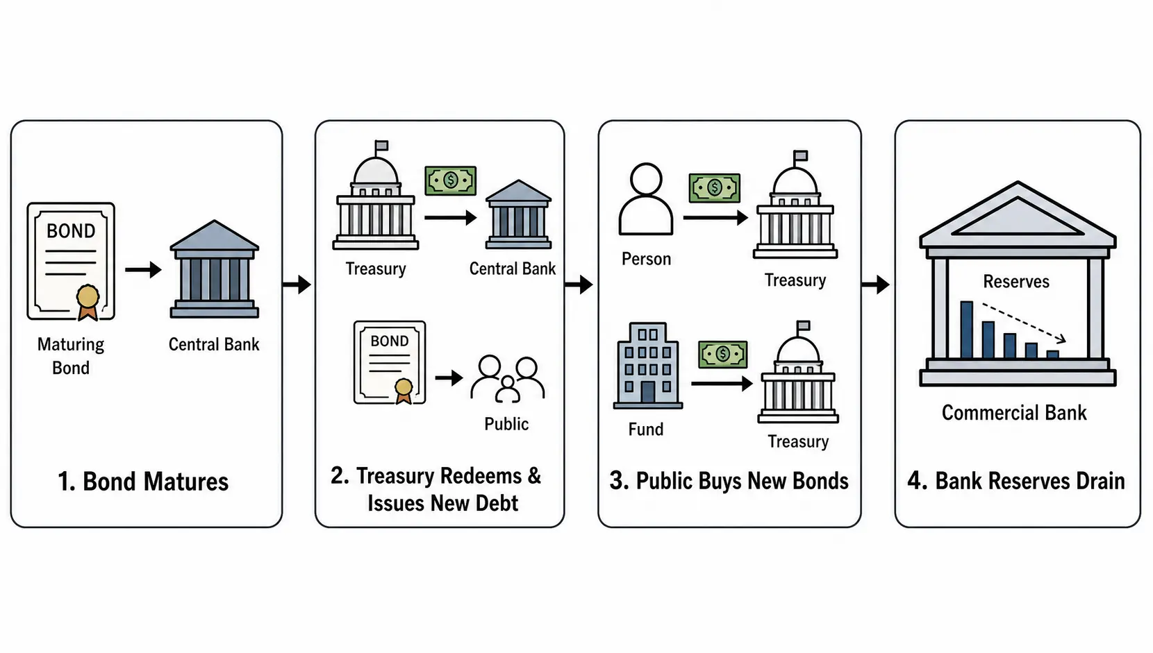 Flowchart showing the four steps of how Quantitative Tightening removes liquidity from the banking system.