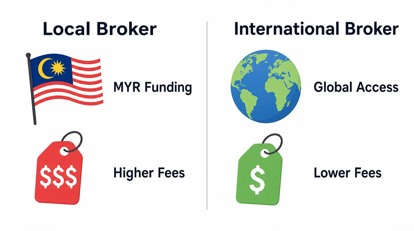 Diagram comparing Local Brokers (convenient, higher fees) versus International Brokers (wider access, lower fees).