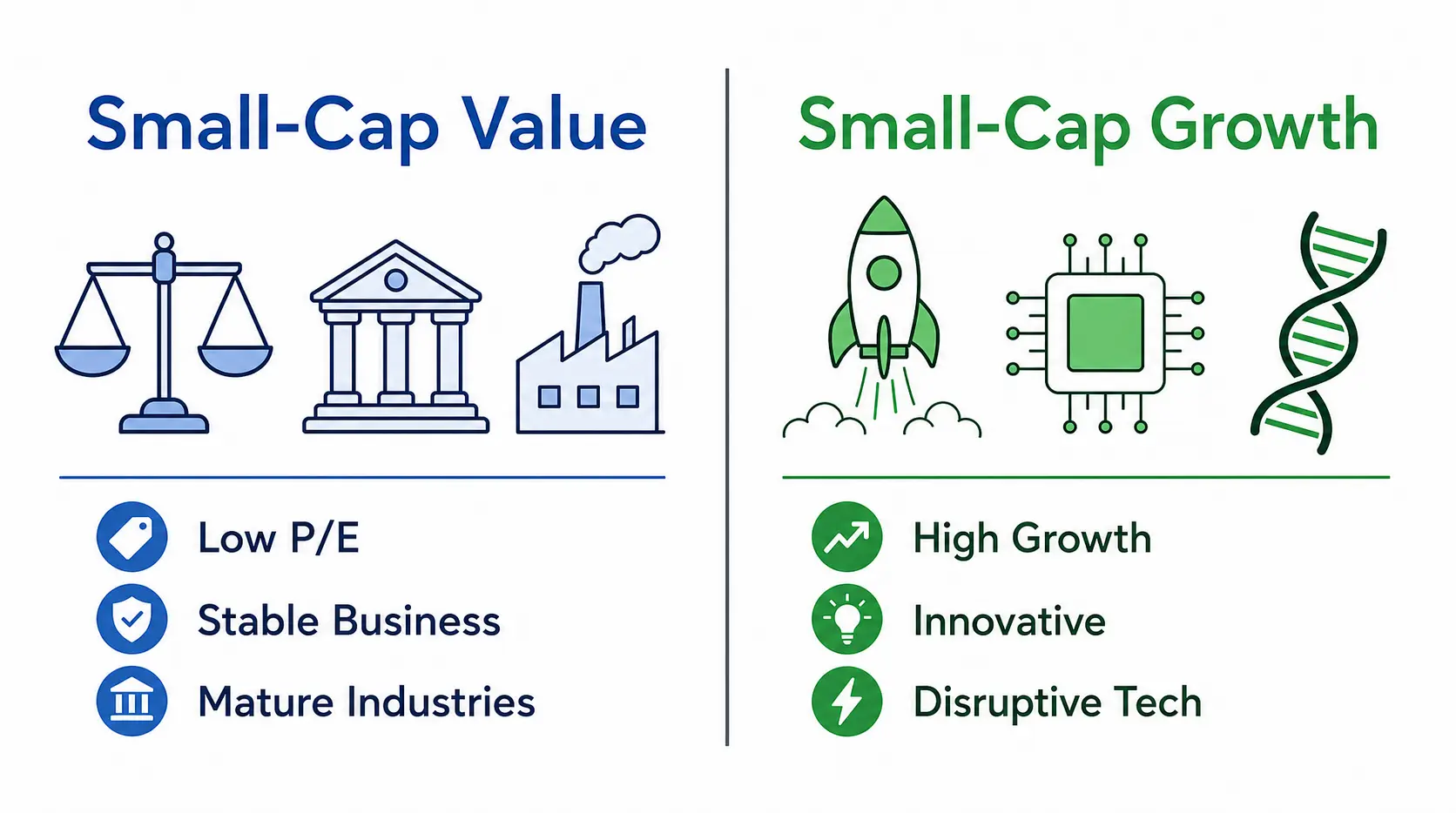 A comparison diagram contrasting Small-Cap Value and Small-Cap Growth investing. Value is shown with stable icons like a bank and scale, while Growth has dynamic icons like a rocket and DNA.