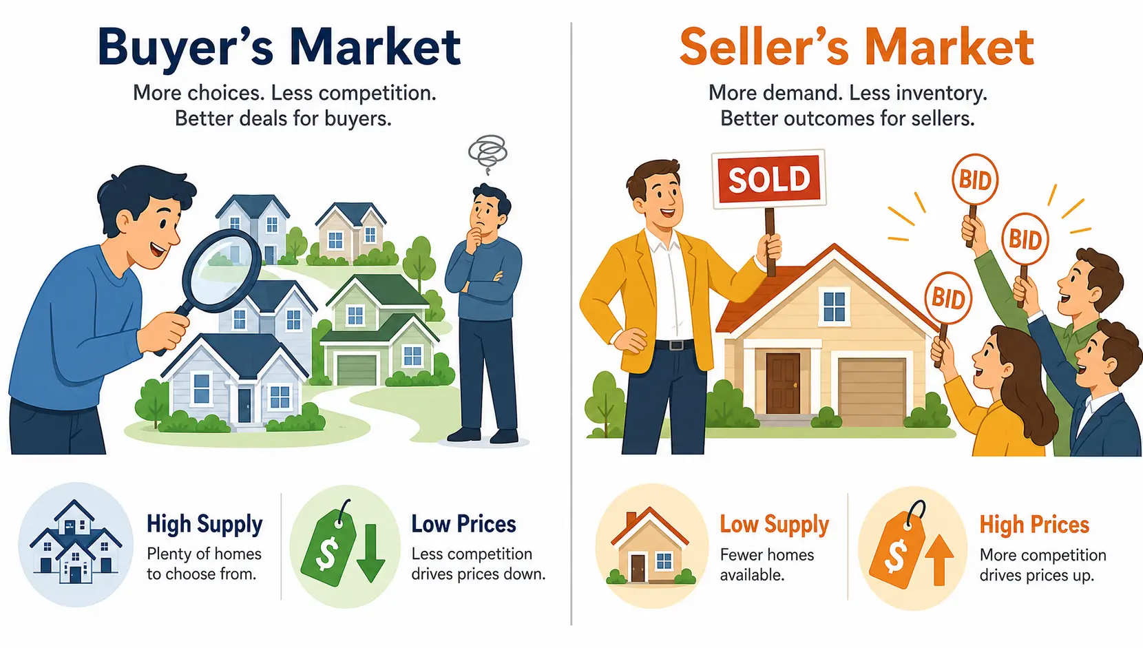 Illustration comparing a buyer's market with high supply and low prices to a seller's market with low supply and high prices.