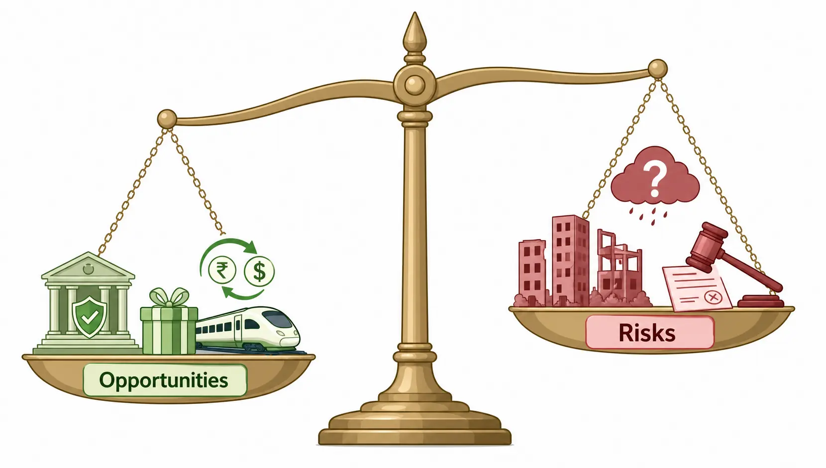 A balance scale weighing the opportunities, such as government support and infrastructure, against the risks, such as property overhang and economic uncertainty, of buying property.