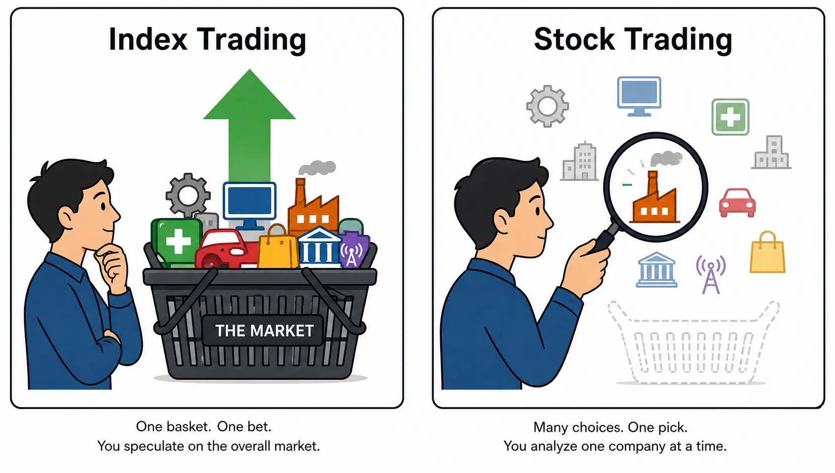 A diagram comparing index trading, which focuses on a whole basket of stocks, to stock trading, which focuses on individual companies.