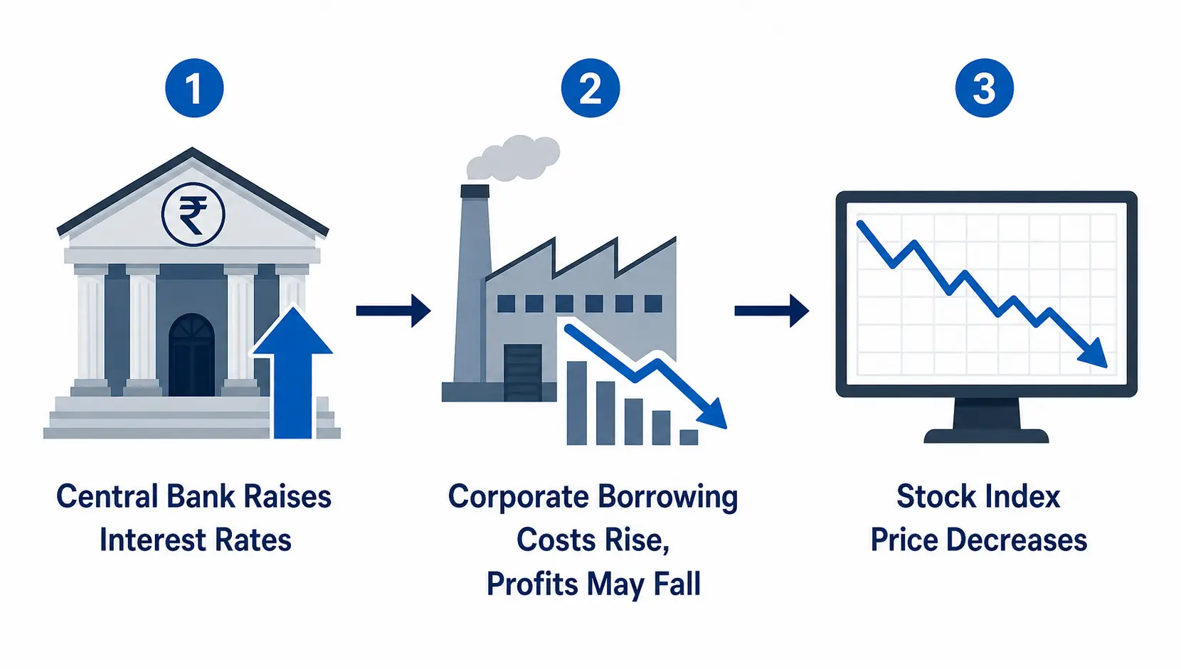 Flowchart illustrating the effect of a central bank interest rate hike on stock index prices.