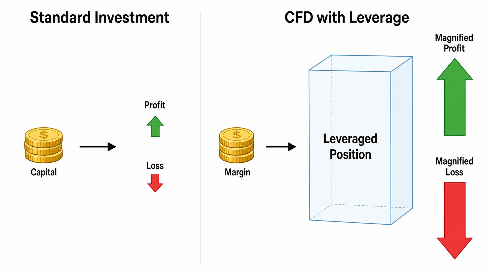 A comparison diagram illustrating how leverage in CFD trading magnifies both potential profits and potential losses compared to a standard non-leveraged investment.