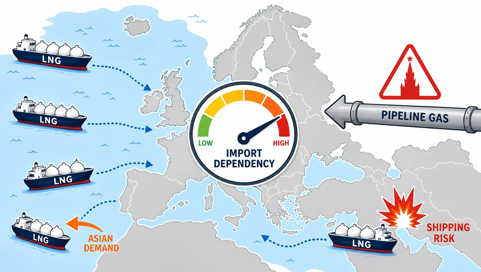 Conceptual illustration showing Europe's dependency on imported pipeline gas and LNG, highlighting the different risks associated with each source.