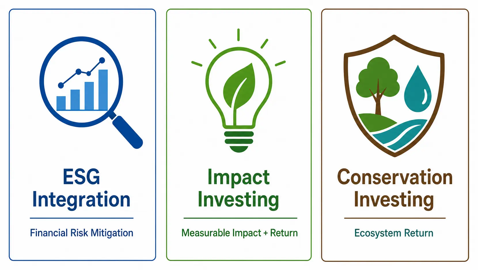 Diagram comparing ESG Integration for risk mitigation, Impact Investing for measurable impact, and Conservation Investing for ecosystem return.