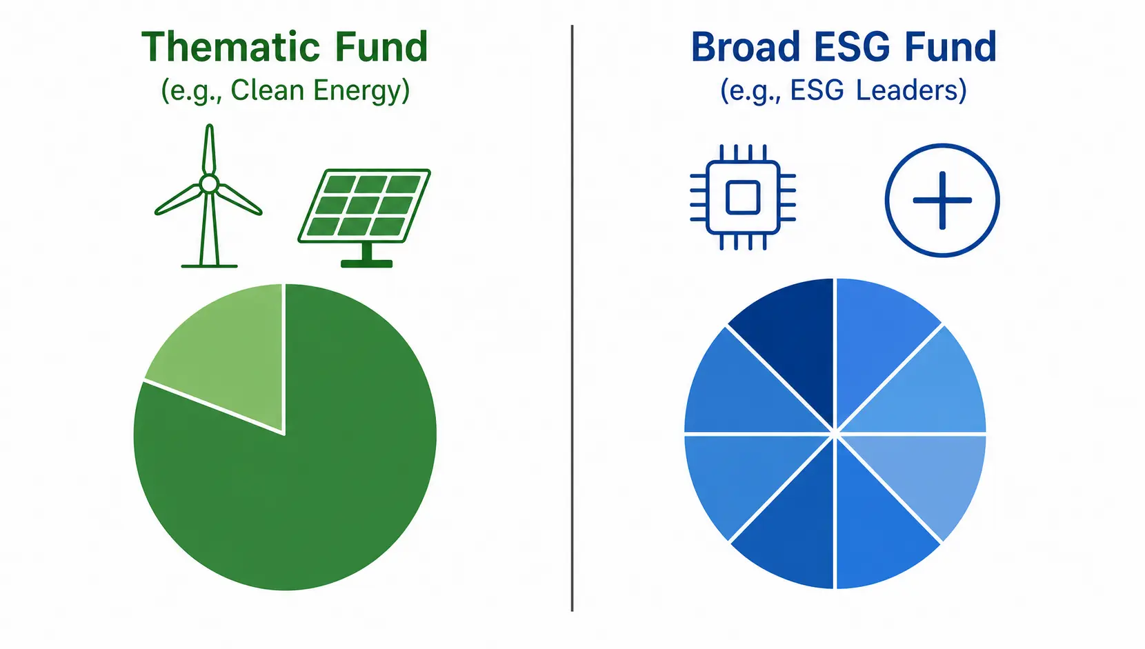 Comparison of a thematic clean energy fund with a concentrated portfolio versus a broad ESG fund with a diversified portfolio.
