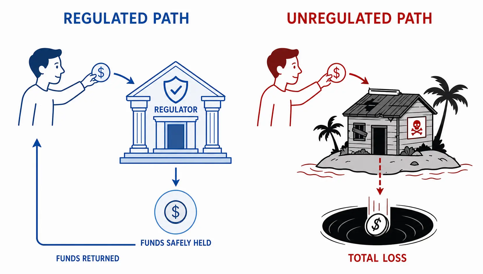 Diagram comparing regulated vs unregulated financial platforms, showing money is safe in regulated systems but lost in unregulated ones.