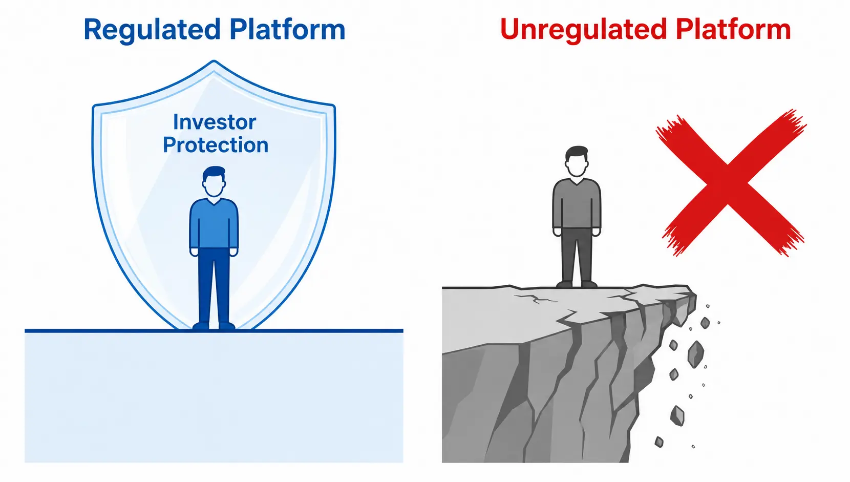 Comparison showing an investor protected on a regulated platform versus an investor at risk on an unregulated platform.