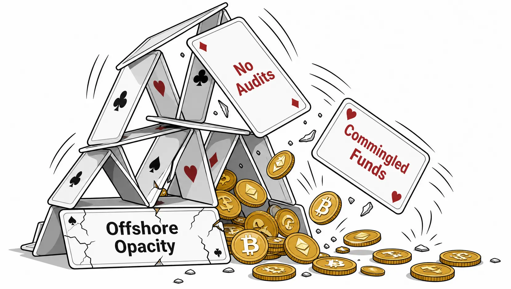 An illustration of a collapsing house of cards representing the failure of an unregulated offshore platform due to opacity and lack of oversight.