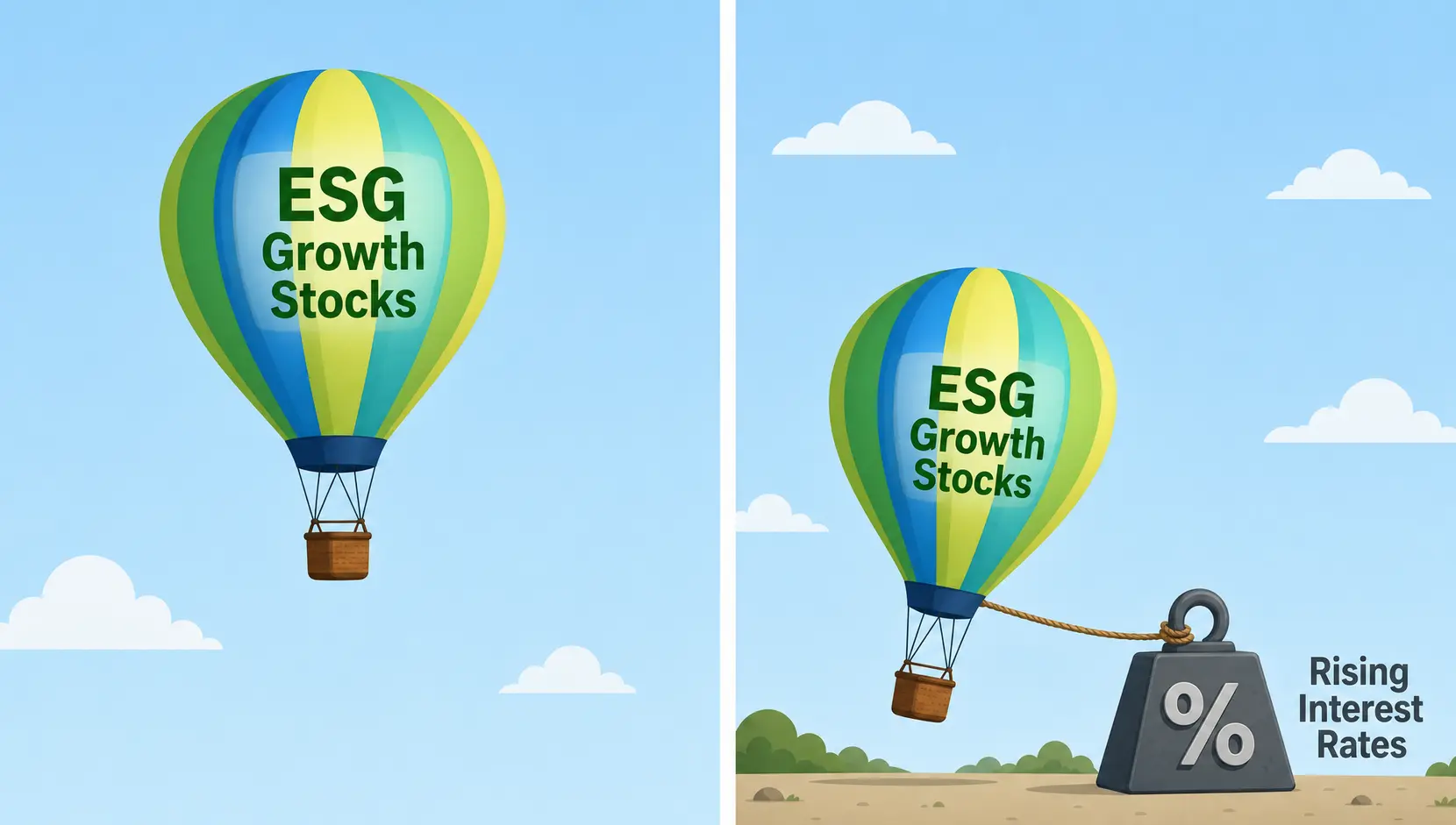 A conceptual illustration showing a hot air balloon labeled 'ESG Growth Stocks' being pulled down by a heavy weight shaped like a percent sign, symbolizing the negative effect of rising interest rates on ESG fund valuations.