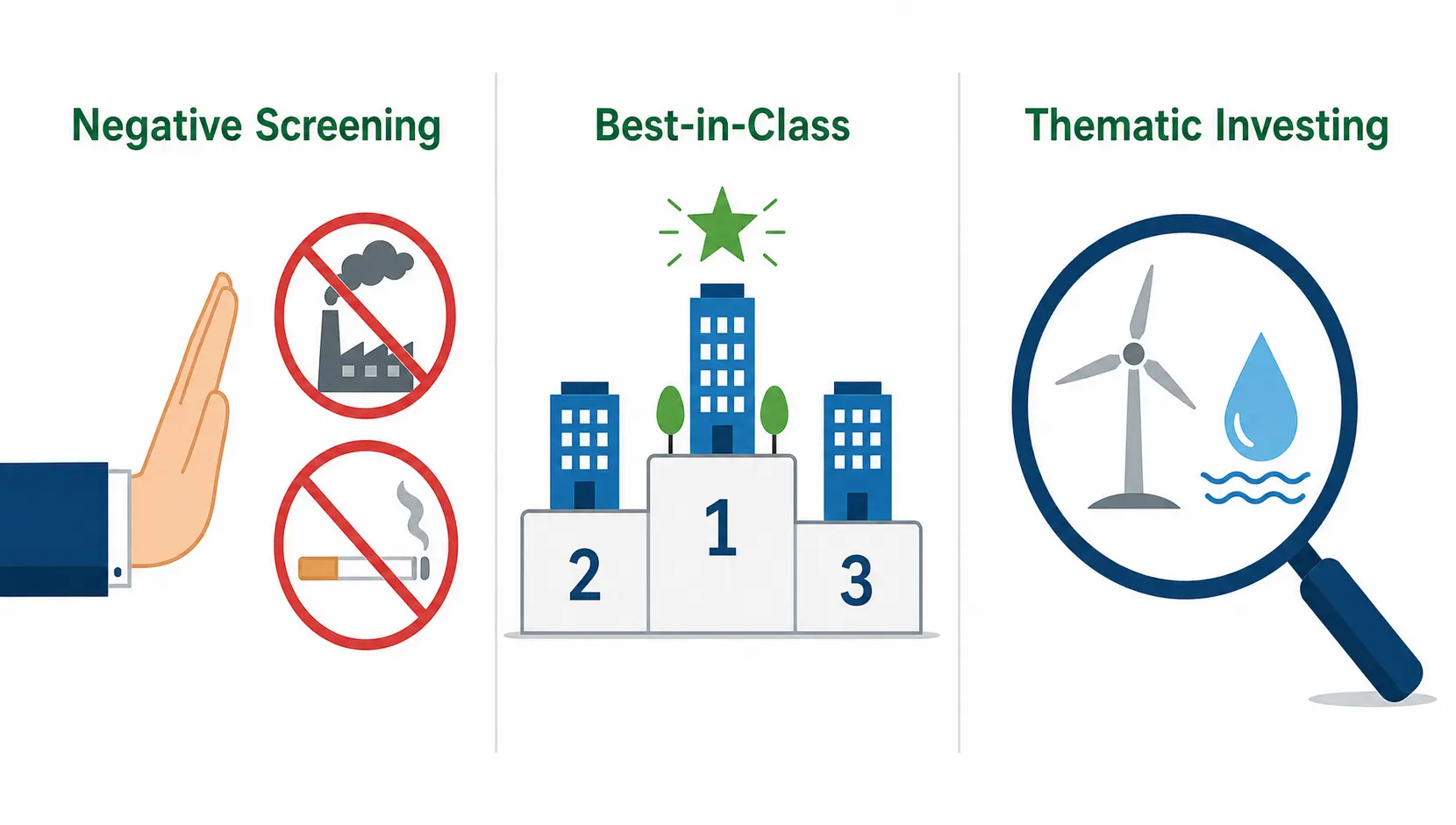 A visual comparison of three ESG investment strategies: Negative Screening (excluding harmful industries), Best-in-Class (choosing industry leaders), and Thematic Investing (focusing on specific sustainable themes).