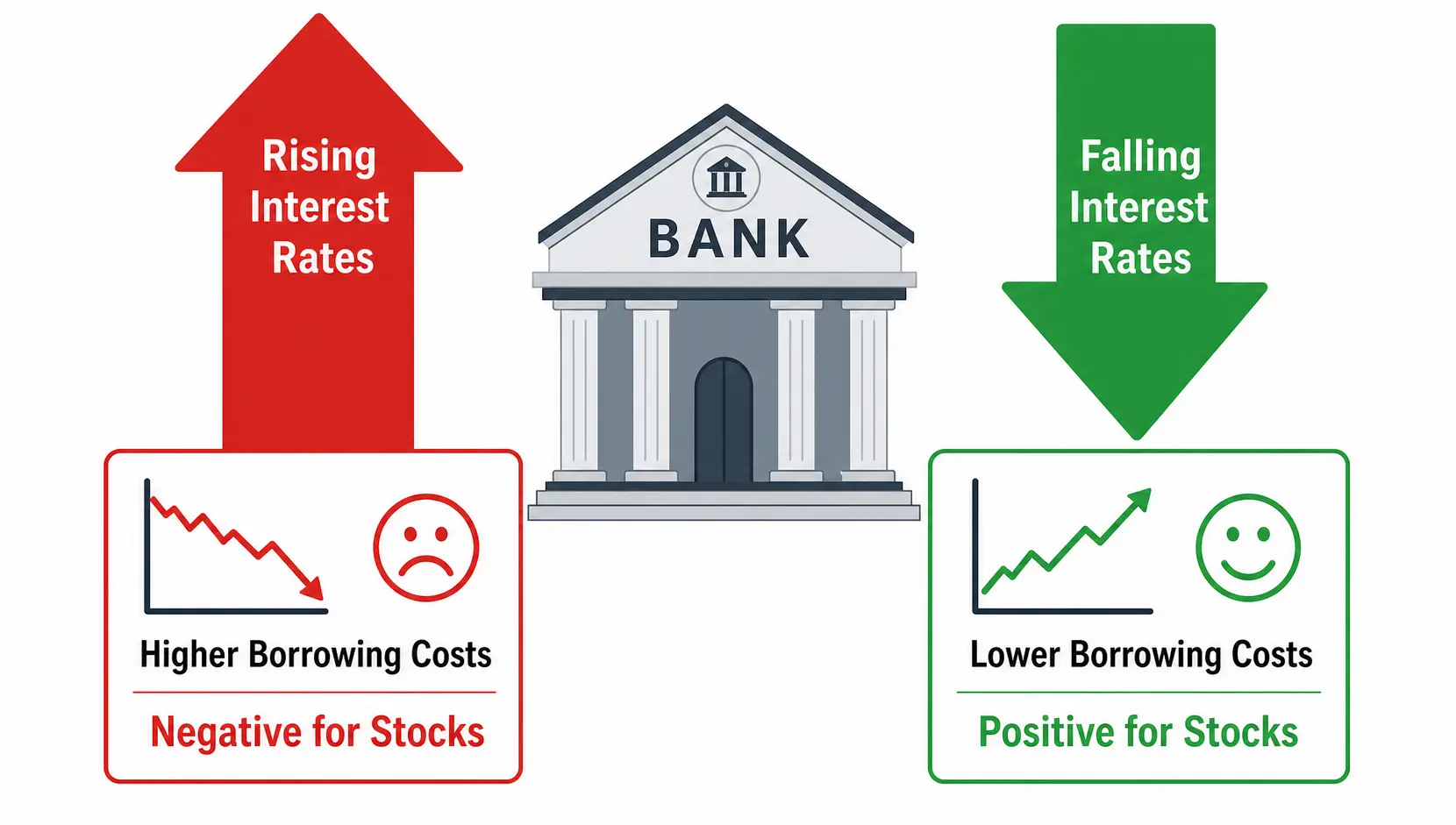 Conceptual illustration showing how rising interest rates negatively affect stocks and falling interest rates positively affect stocks.