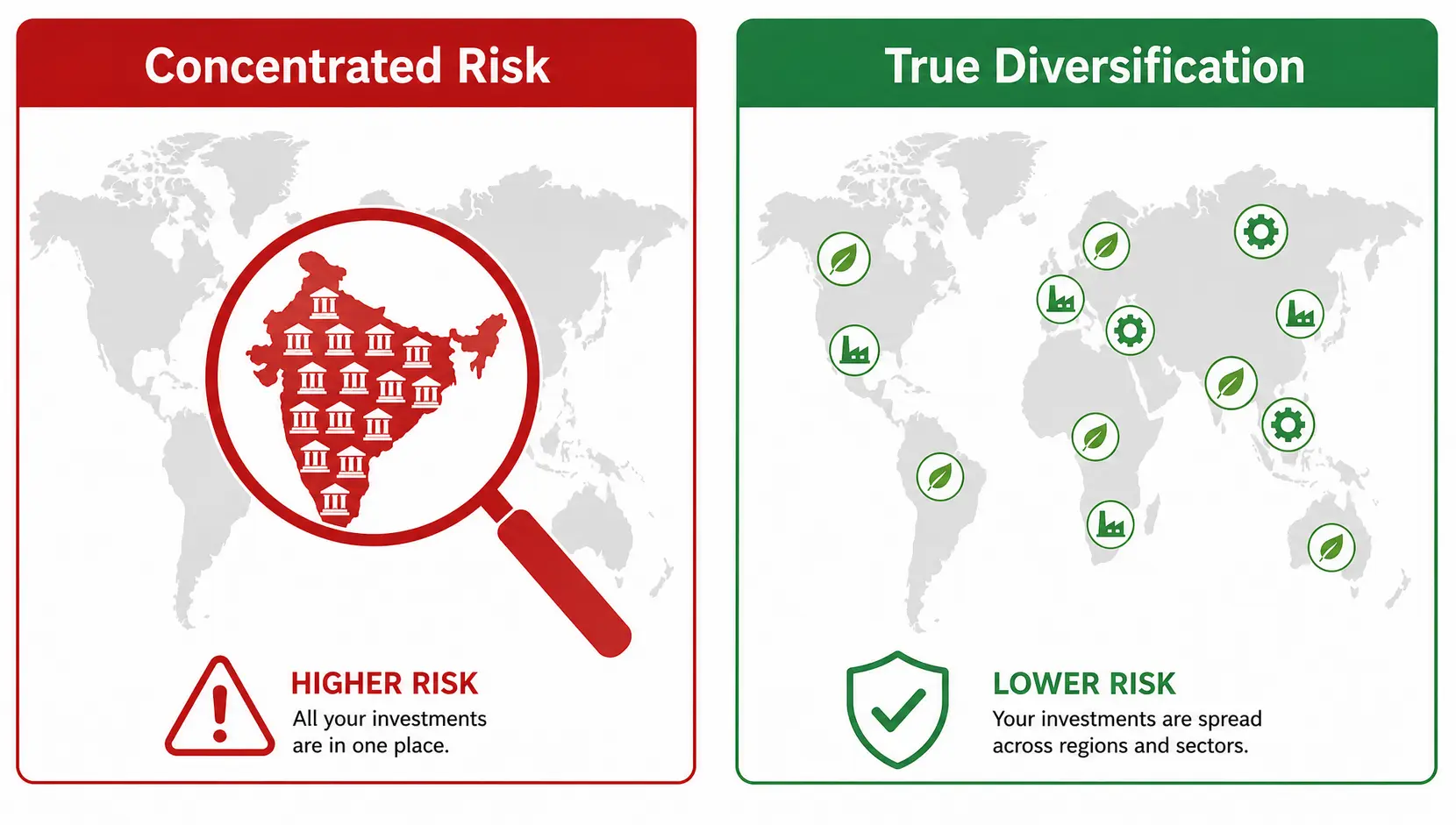 Comparison of poor vs. true geographic investment diversification, showing concentration in one area vs. a globally spread portfolio.