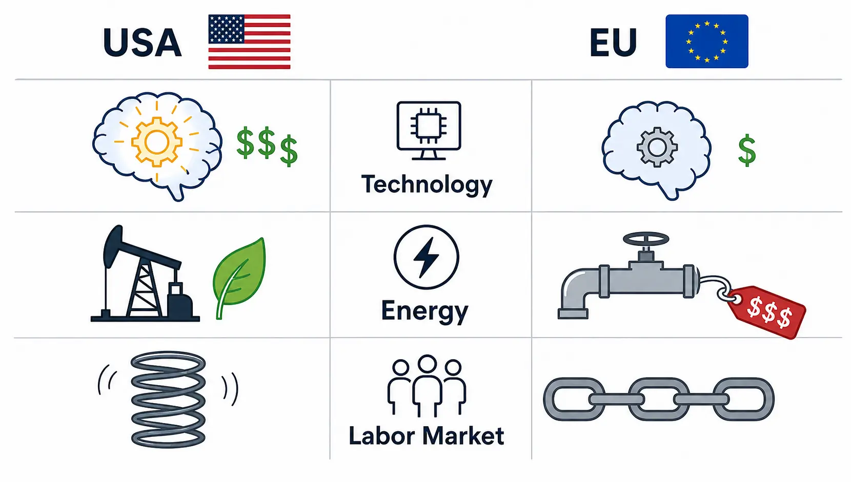 Comparison diagram illustrating the key economic differences between the US and EU in technology, energy, and labor markets.