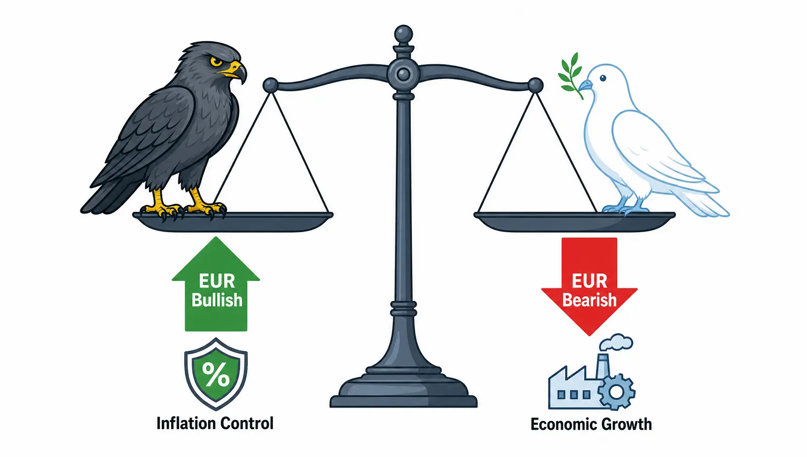 A diagram showing a scale balancing a hawkish policy against a dovish policy, with associated currency impacts.