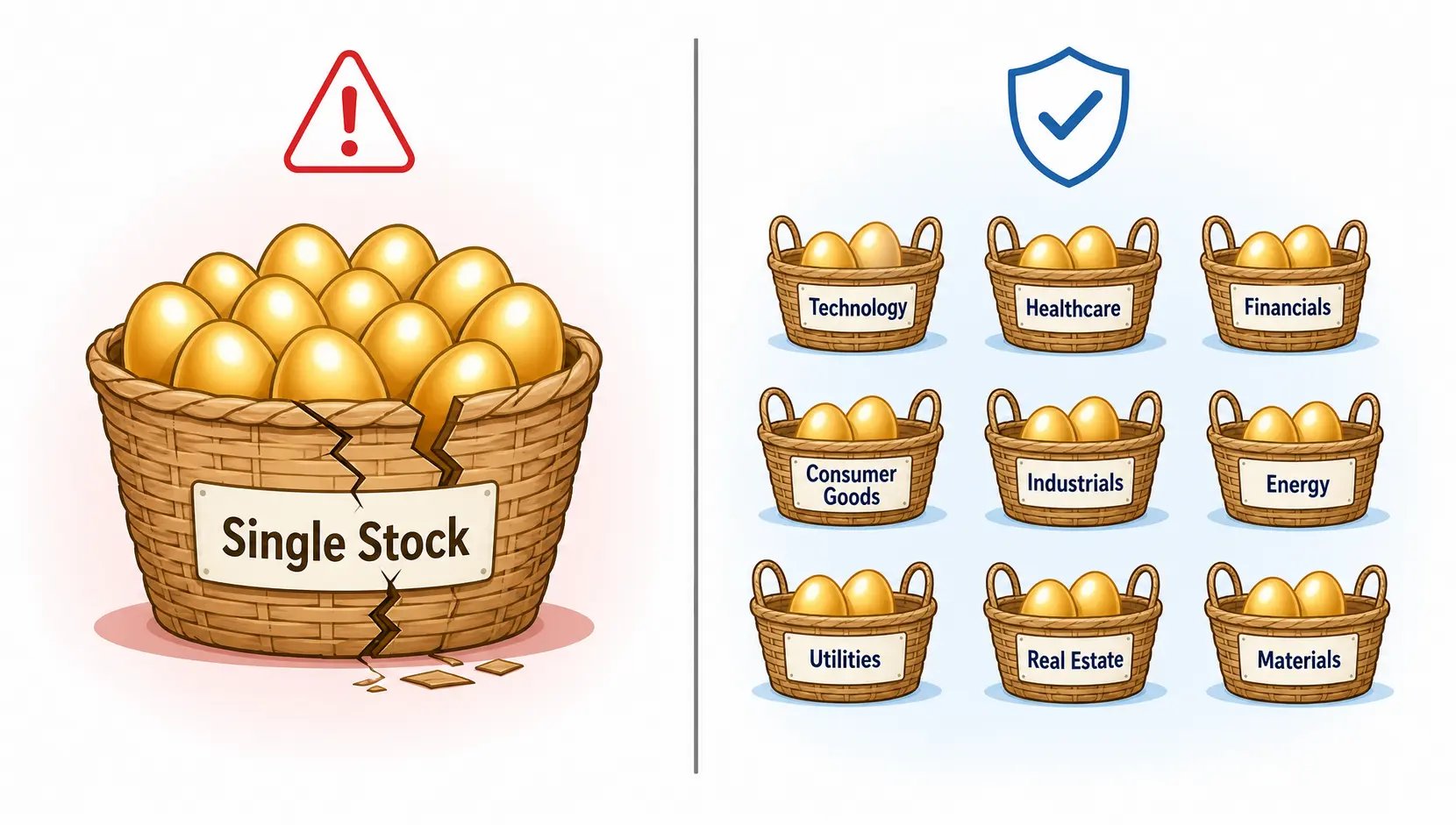 Illustration comparing the high risk of investing in a single stock versus the safety of diversification through an index fund.