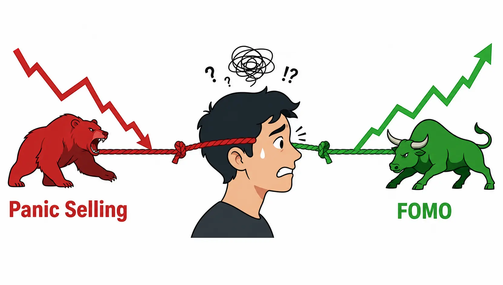 A conceptual illustration showing an investor's head being pulled in two directions by market fear (panic selling) and greed (FOMO).
