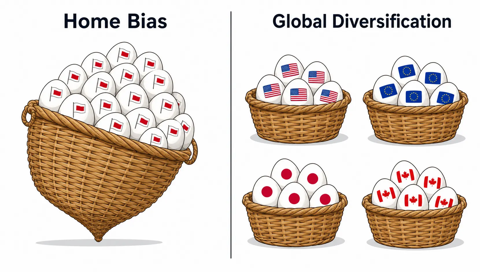 Comparison diagram showing the risk of 'home bias' with all investments in one basket versus the safety of a globally diversified portfolio.