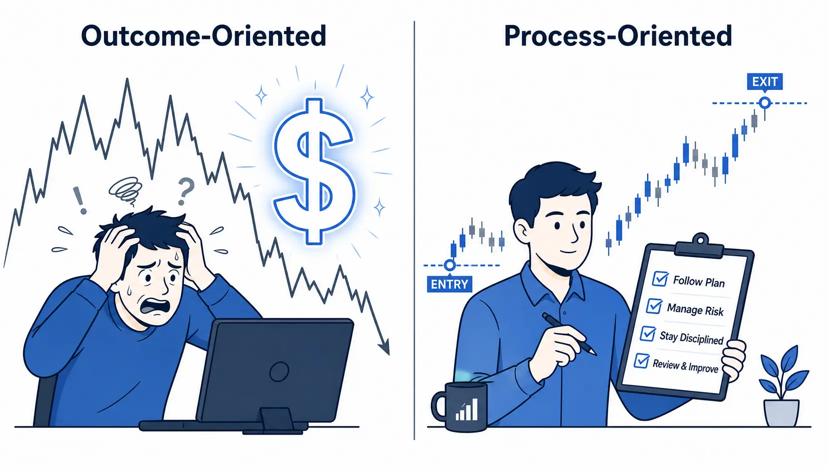 Diagram comparing an outcome-oriented trader focused on money versus a process-oriented trader focused on a trading plan.