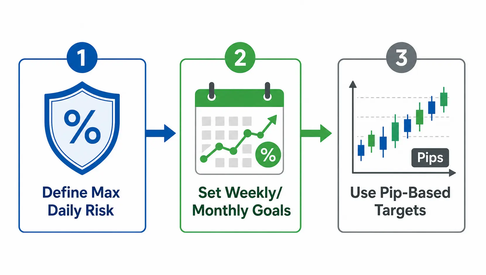 A 3-step flowchart for setting realistic trading objectives: 1. Define Max Daily Risk, 2. Set Weekly/Monthly Goals, 3. Use Pip-Based Targets.