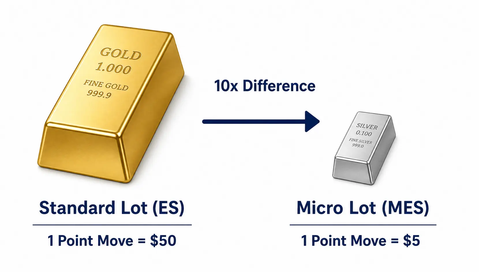 Comparison diagram showing a large 'Standard Lot' bar valued at $50 per point move versus a small 'Micro Lot' bar valued at $5 per point move.