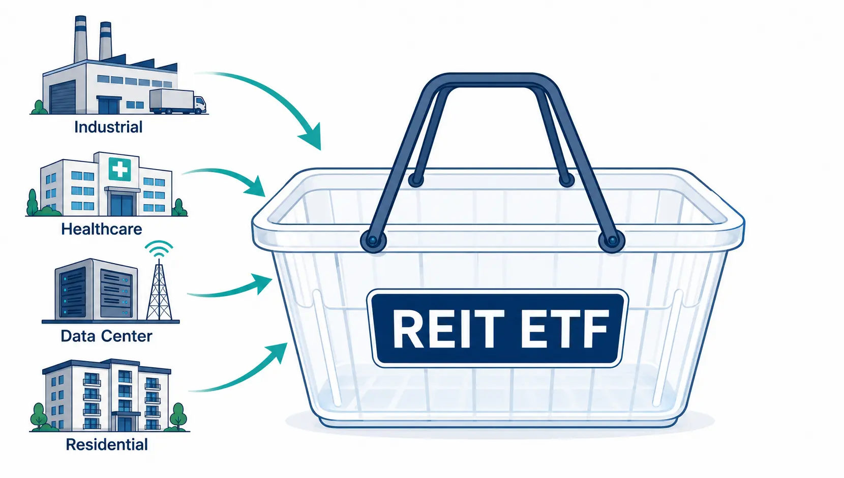 Conceptual illustration of a REIT ETF as a basket holding various types of individual REIT properties like industrial, healthcare, and residential.