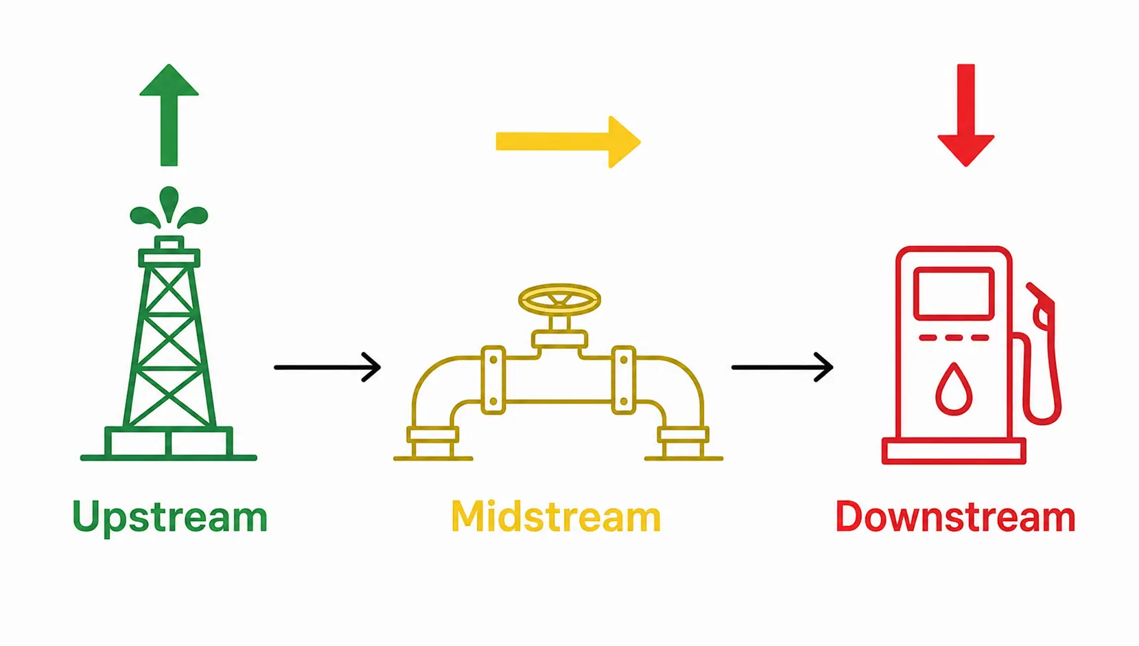 Diagram of the energy value chain showing the impact of high oil prices on upstream, midstream, and downstream sectors.