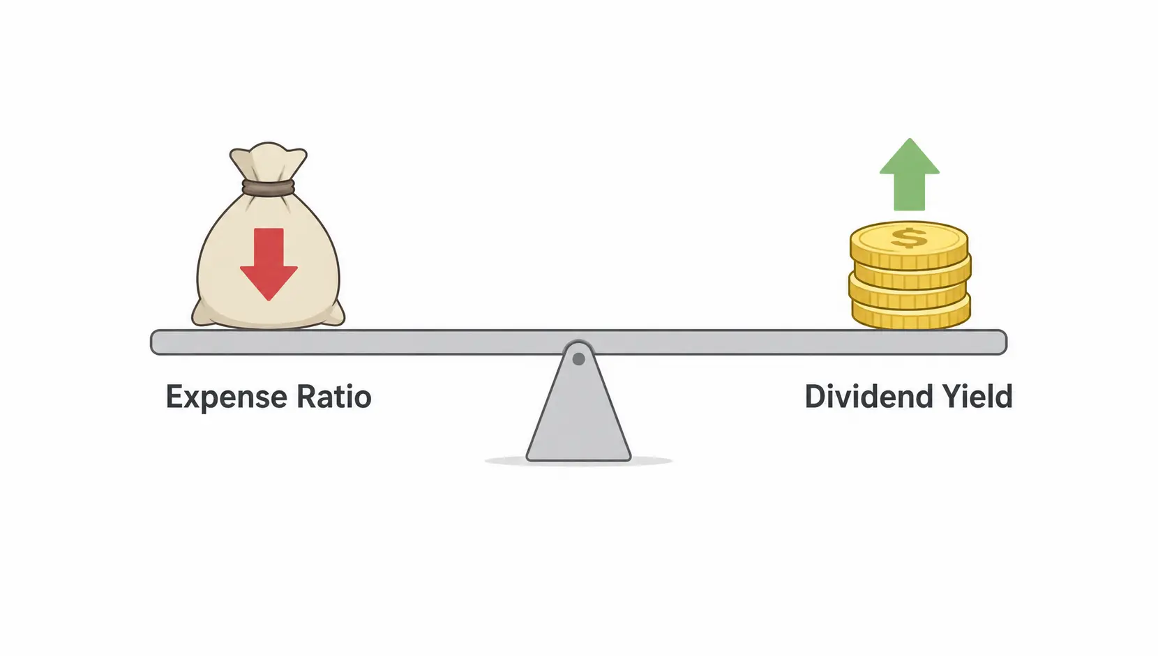 A balanced seesaw illustrating the trade-off between ETF Expense Ratio and Dividend Yield.