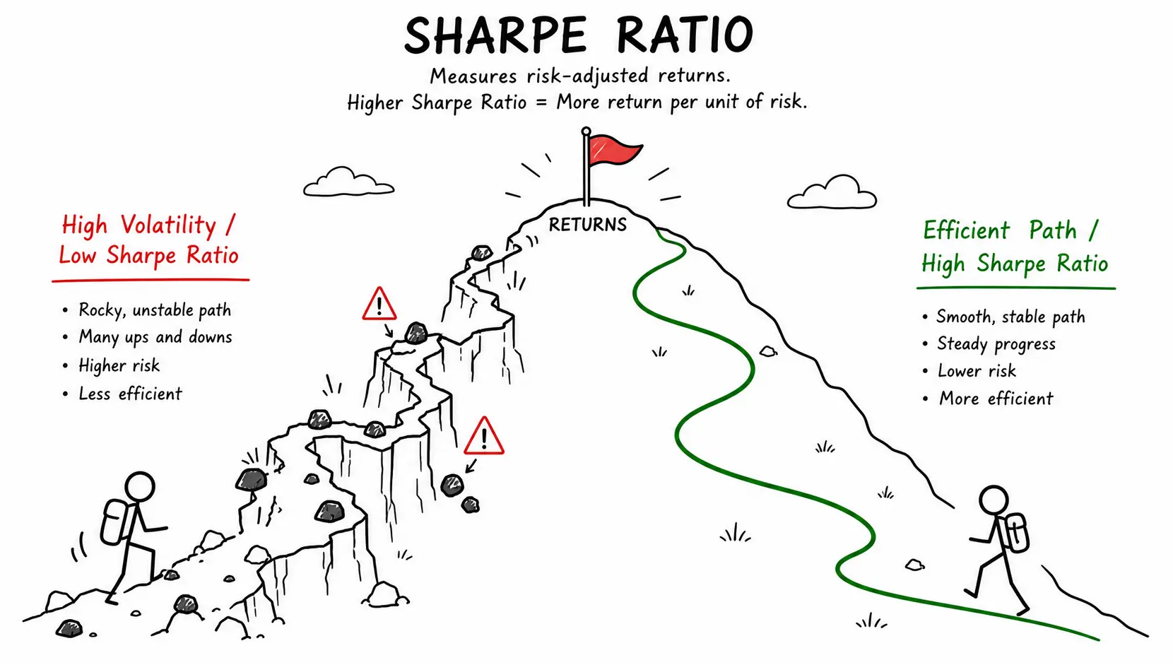 A diagram explaining the Sharpe Ratio as an efficient path to returns versus a volatile one.