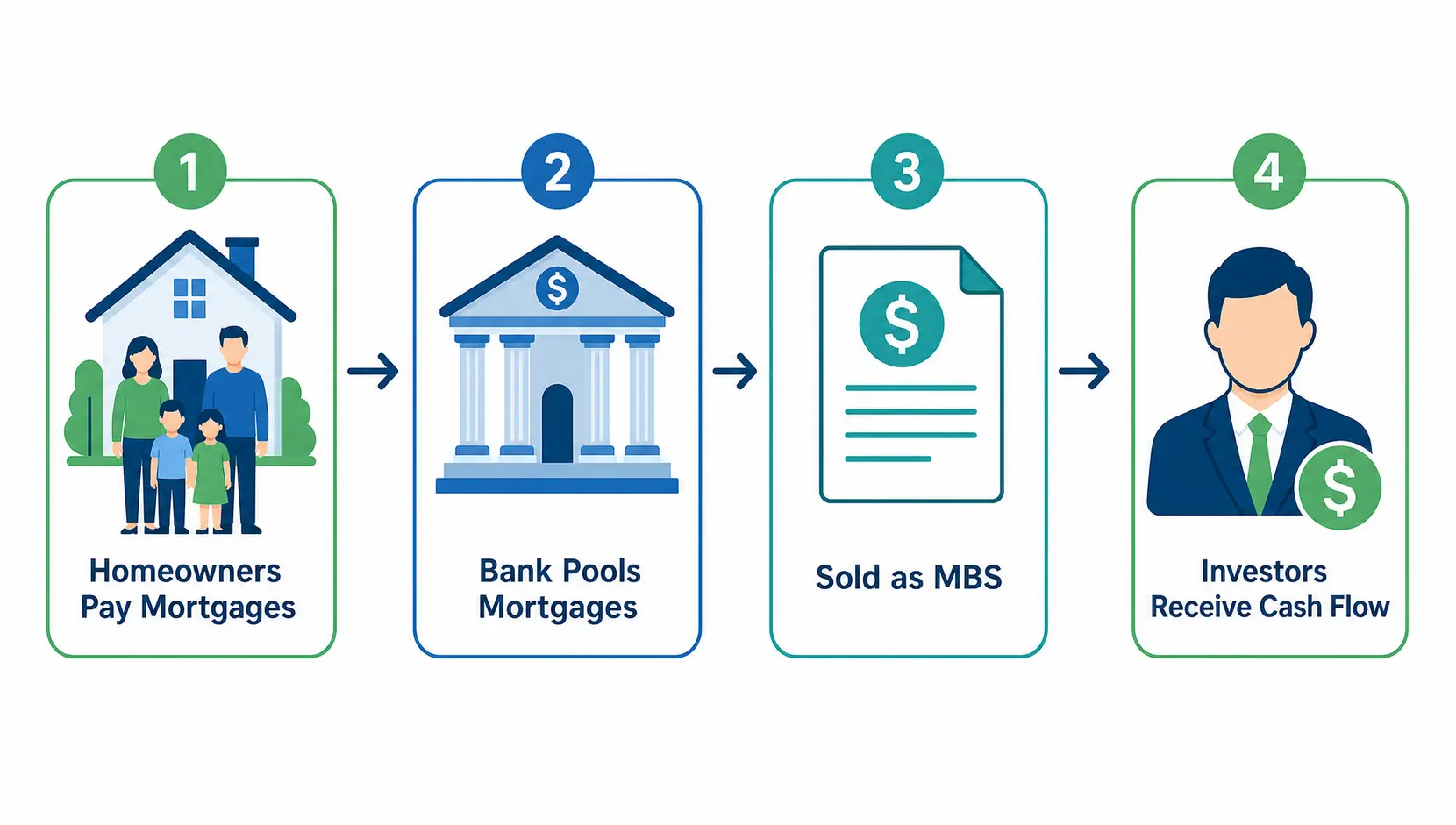 Flowchart showing the securitization process of Mortgage-Backed Securities, from homeowner payments to investor cash flow.