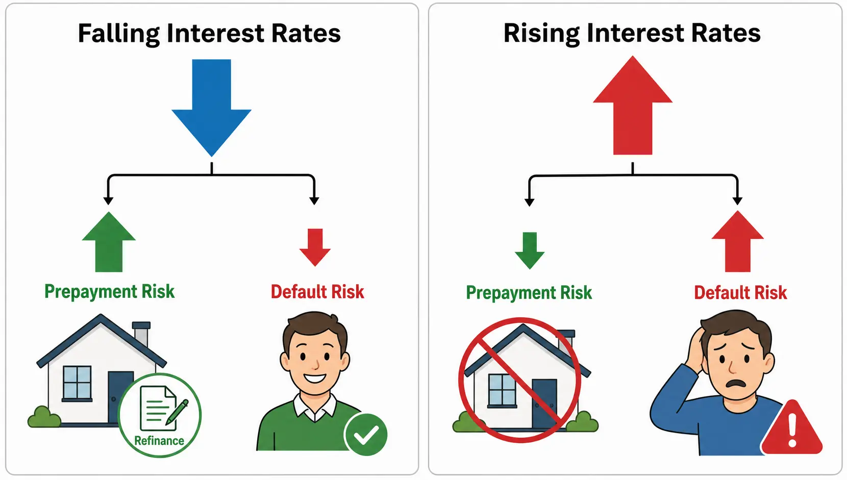 Diagram comparing the effects of falling and rising interest rates on MBS prepayment and default risks.