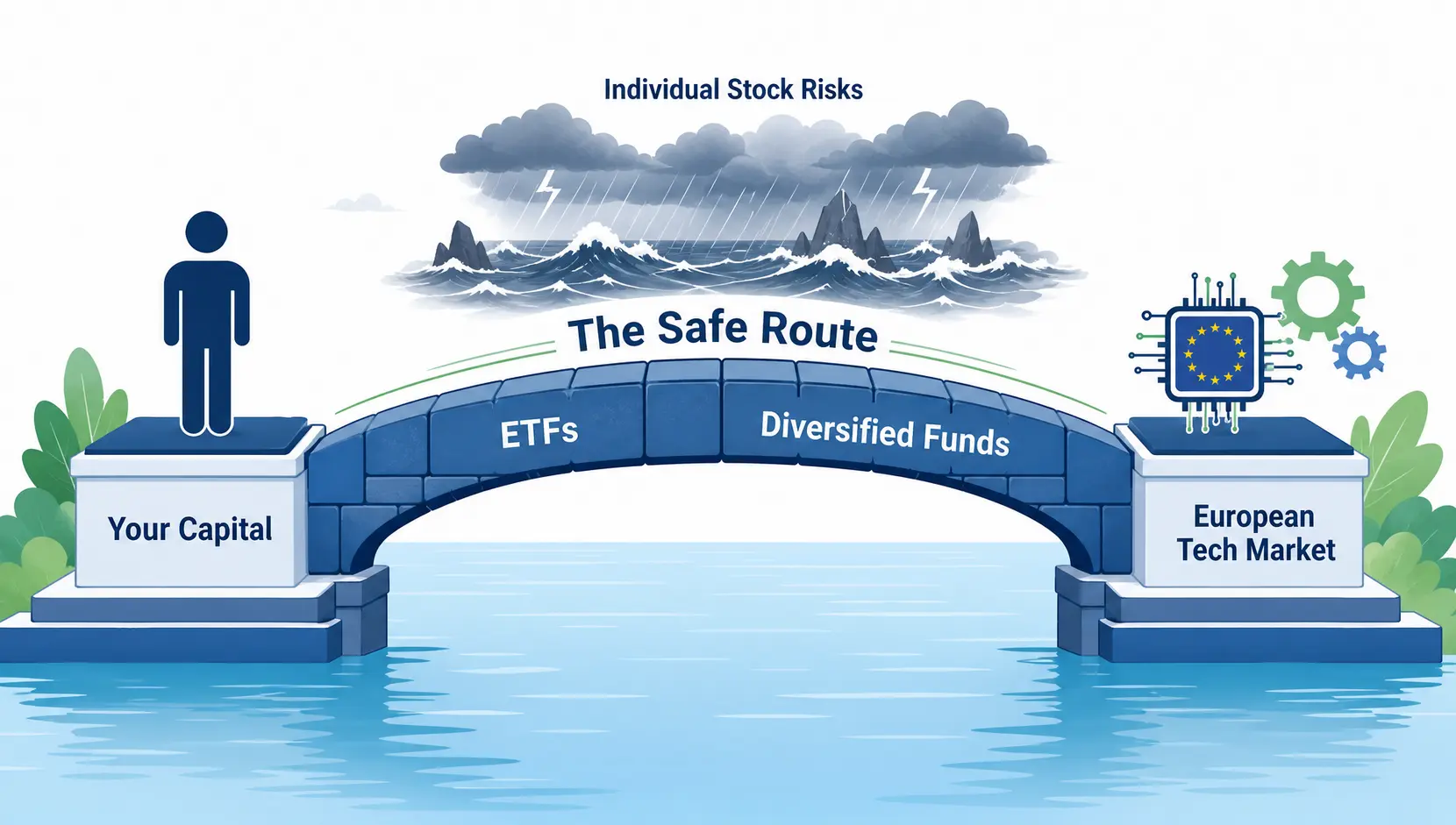 A diagram showing that diversified funds and ETFs are the safe route to invest in the European tech market.