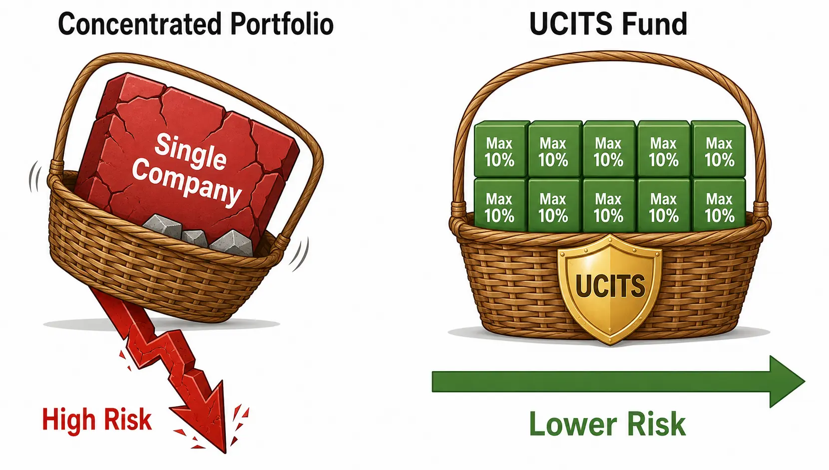 A diagram comparing a high-risk concentrated portfolio with a low-risk, diversified UCITS fund.