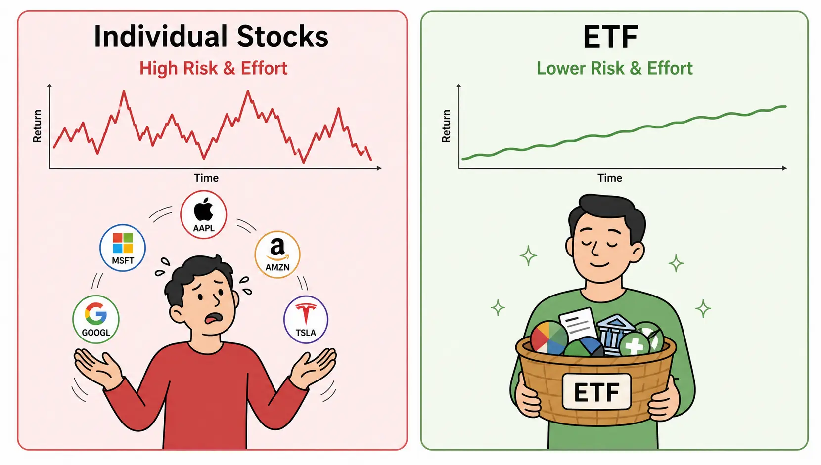 A diagram comparing the high effort and risk of picking individual stocks versus the lower effort and risk of investing in an ETF.