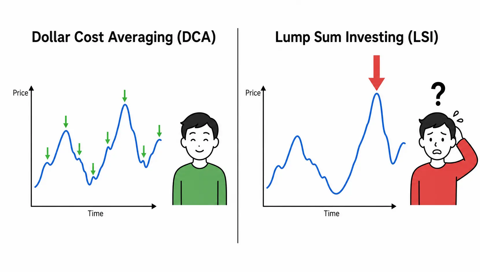 A comparison diagram showing Dollar Cost Averaging with multiple small investments over time versus Lump Sum Investing with one large investment at a market peak.