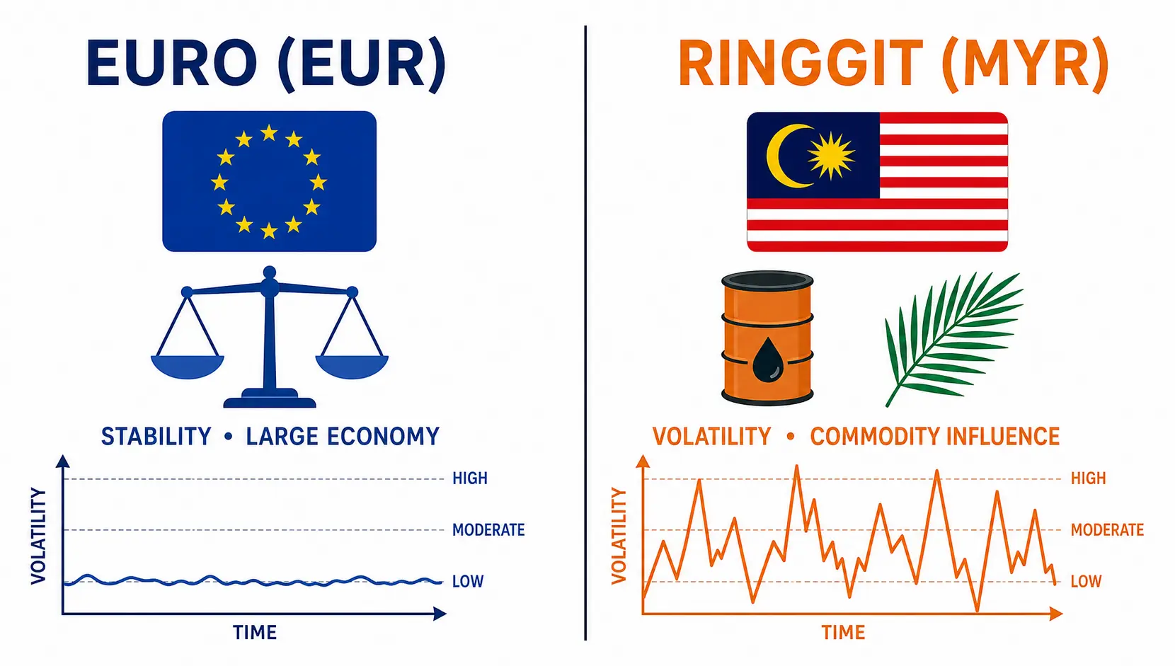 A diagram comparing the risk profiles of the Euro (EUR) and the Malaysian Ringgit (MYR).