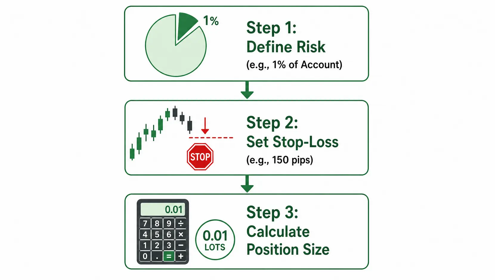 A 3-step flowchart showing how to calculate position size for risk management in trading.
