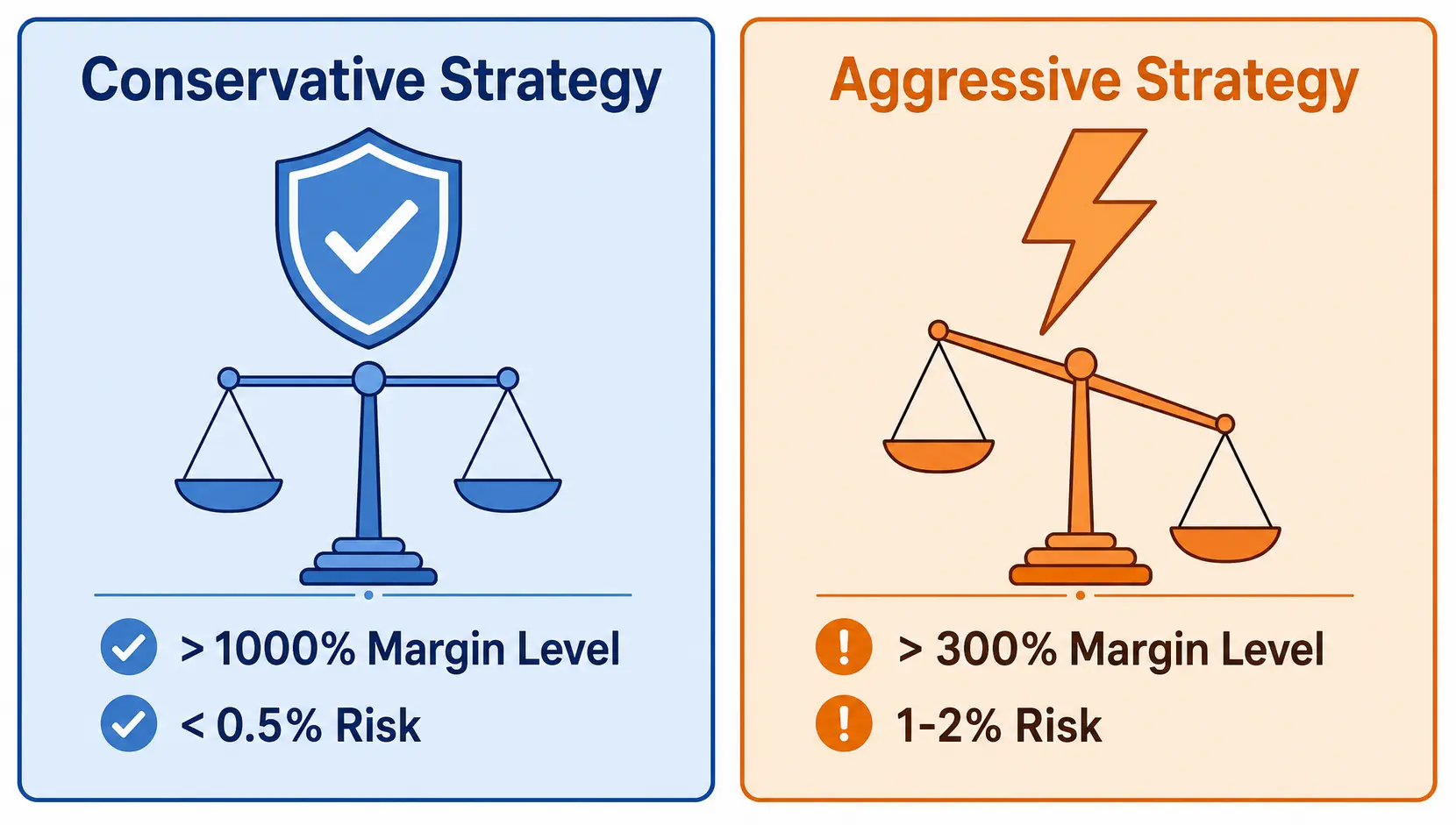 A comparison diagram contrasting a conservative vs. an aggressive weekend trading strategy, highlighting differences in margin level and risk.