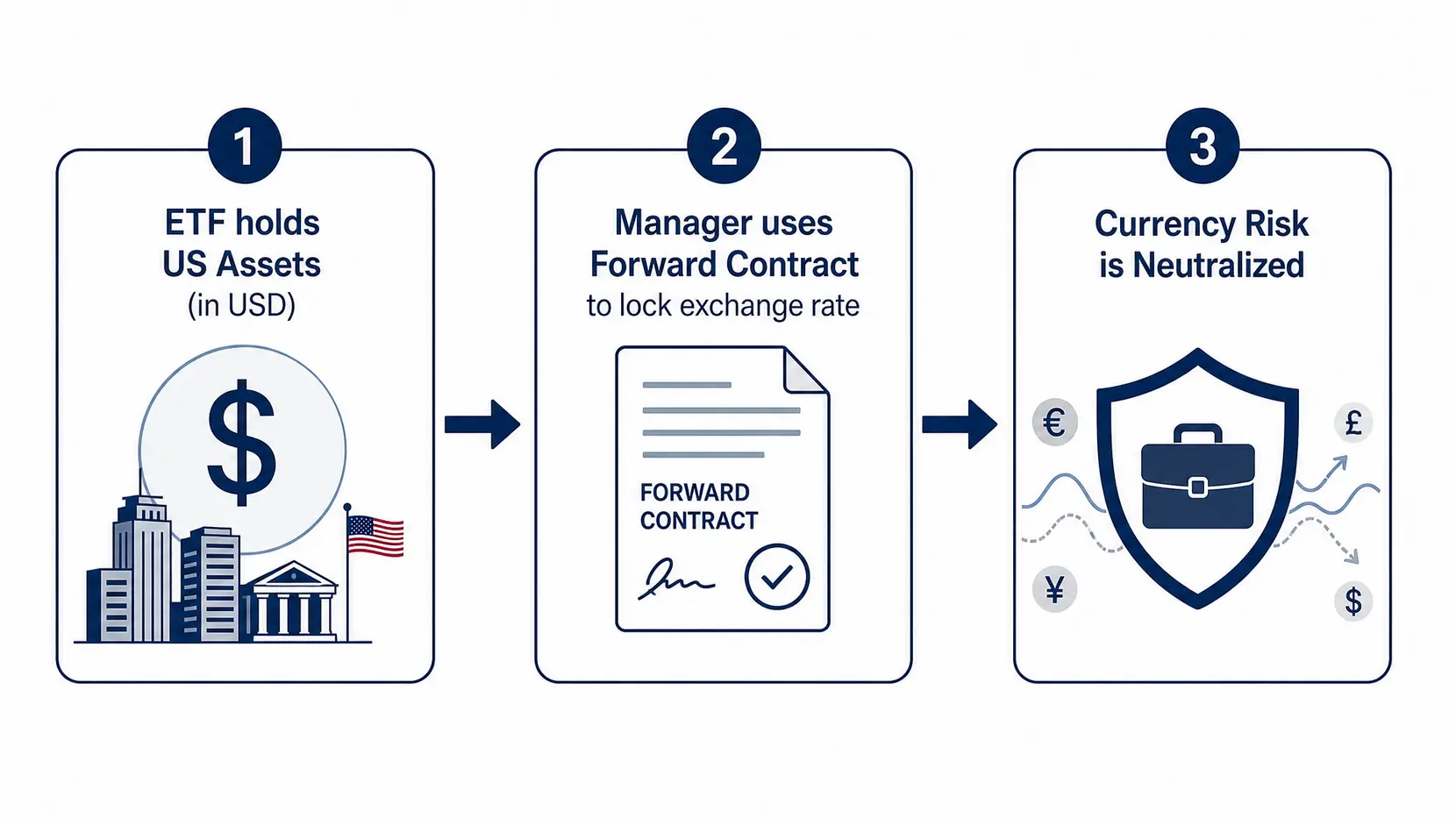 Flowchart showing the 3-step process of currency hedging in an ETF using forward contracts to neutralize risk.