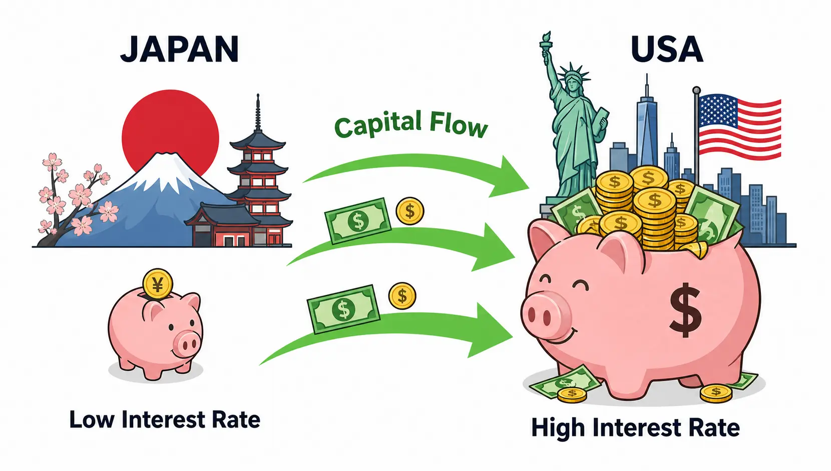 A diagram showing capital flowing from Japan (low interest rate) to the USA (high interest rate), strengthening the US dollar.
