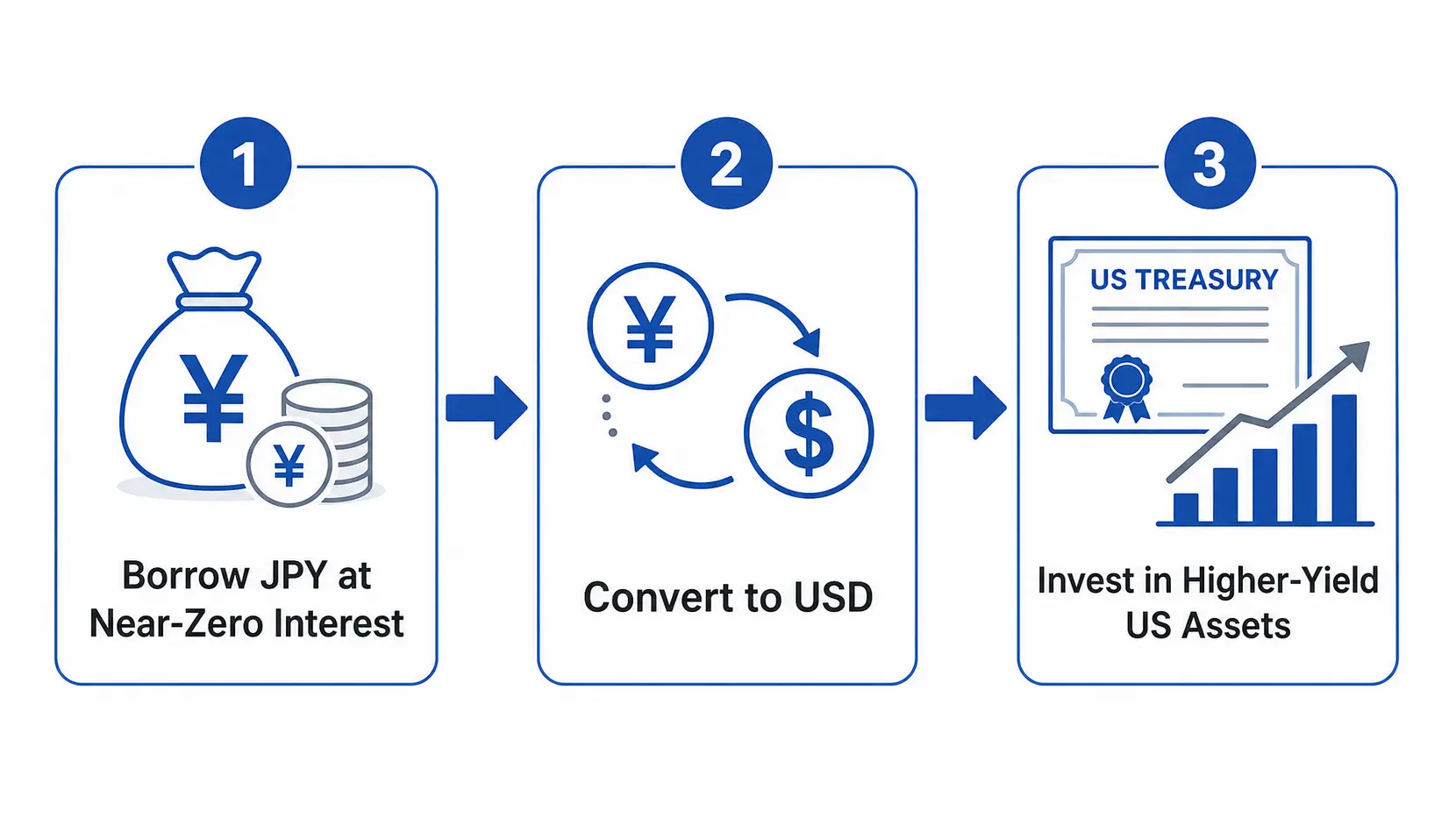 A flowchart explaining the 3 steps of the Yen Carry Trade: borrowing low-interest yen, converting to dollars, and investing in high-yield US assets.