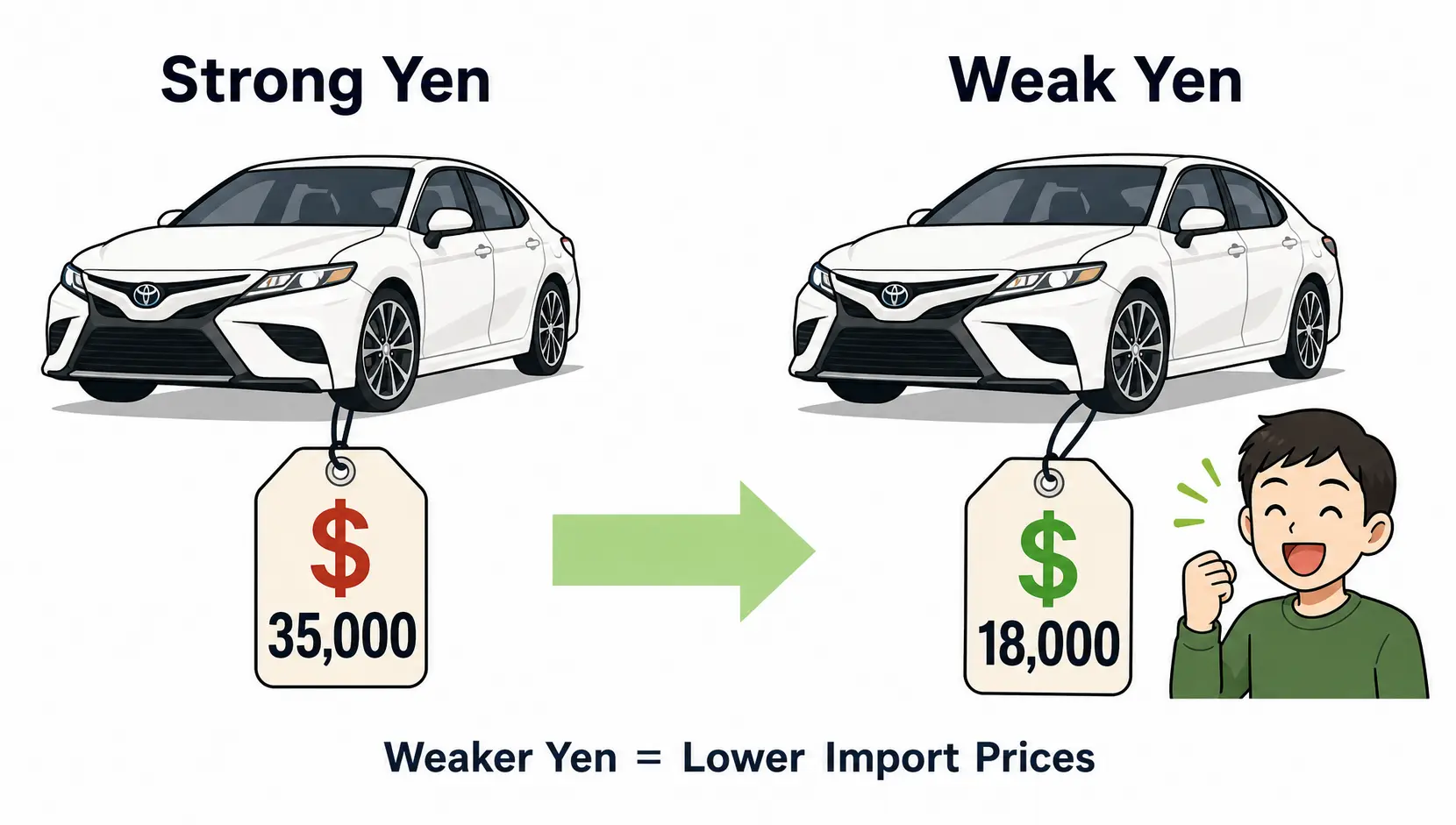 An illustration comparing the price of a Japanese car in the US with a strong yen versus a weak yen, showing the car is cheaper with a weak yen.