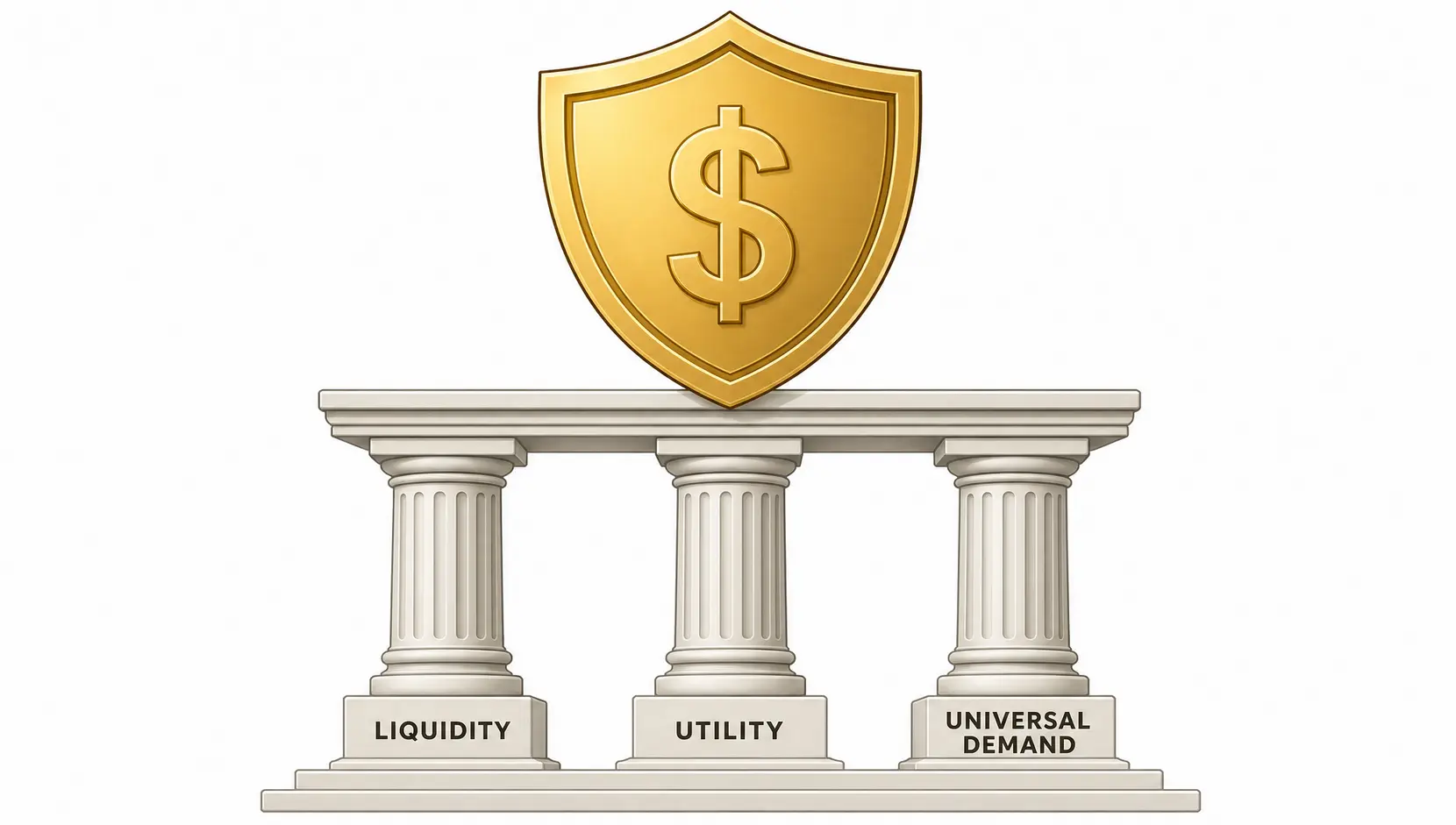 A conceptual illustration showing three pillars labeled Liquidity, Utility, and Universal Demand supporting a shield, representing the core characteristics of a safe haven asset.