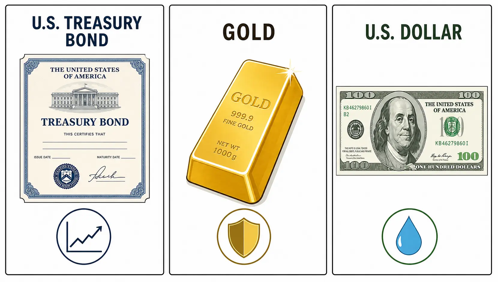 A comparison diagram showing three traditional safe haven assets: a U.S. Treasury Bond, a Gold bar, and a U.S. Dollar bill.
