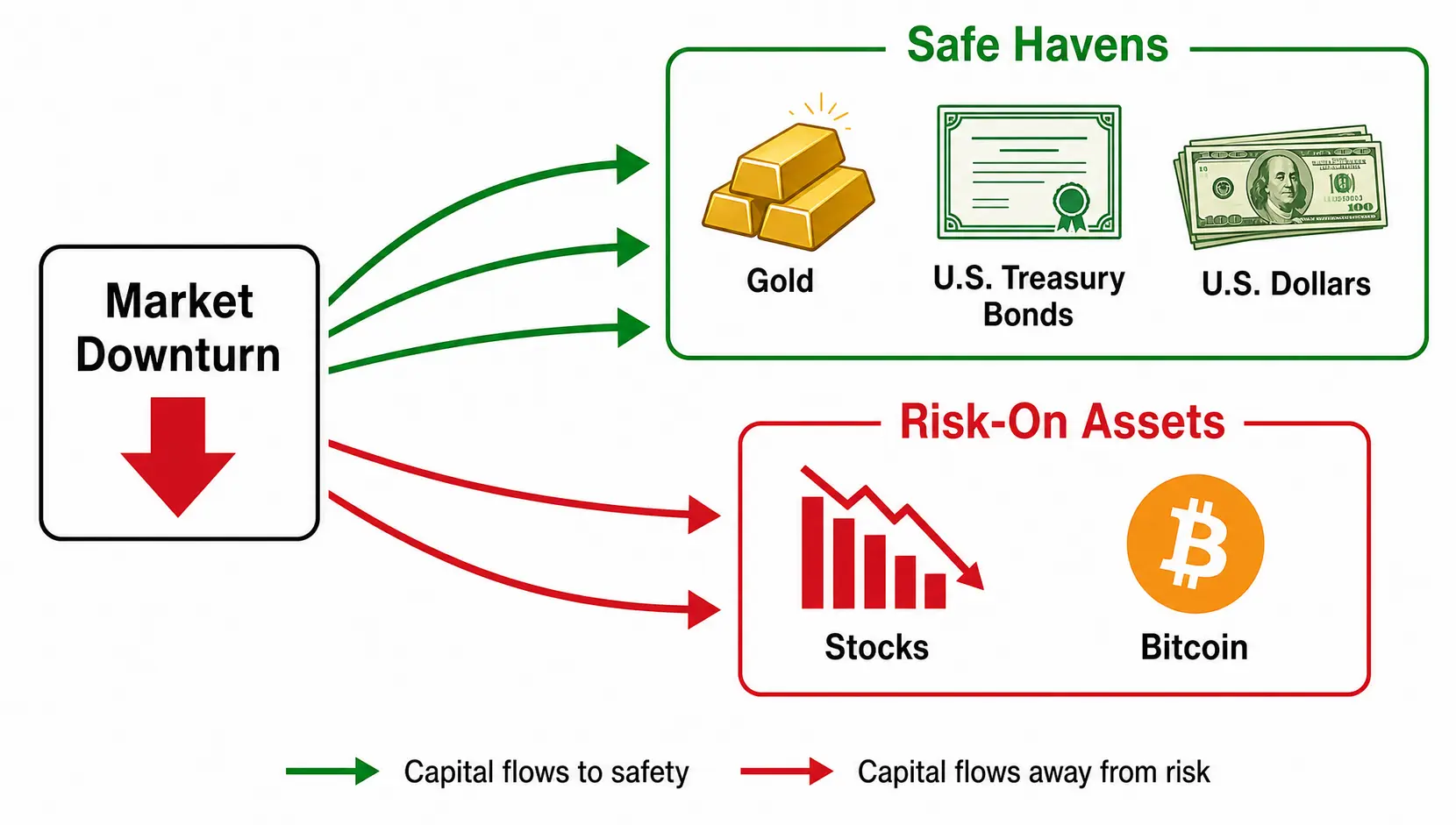 A flowchart demonstrating the 'flight to safety' during a market downturn, with capital moving from stocks and Bitcoin to gold, bonds, and the US dollar.