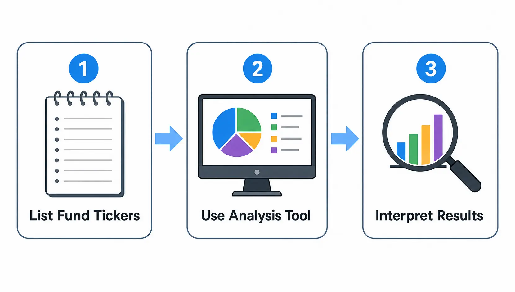 A three-step flowchart showing the process of analyzing portfolio overlap: list tickers, use analysis tool, and interpret results.